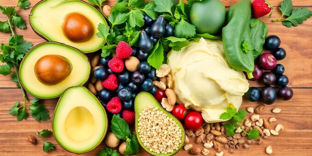 A variety of gut-healthy foods on a wooden table.