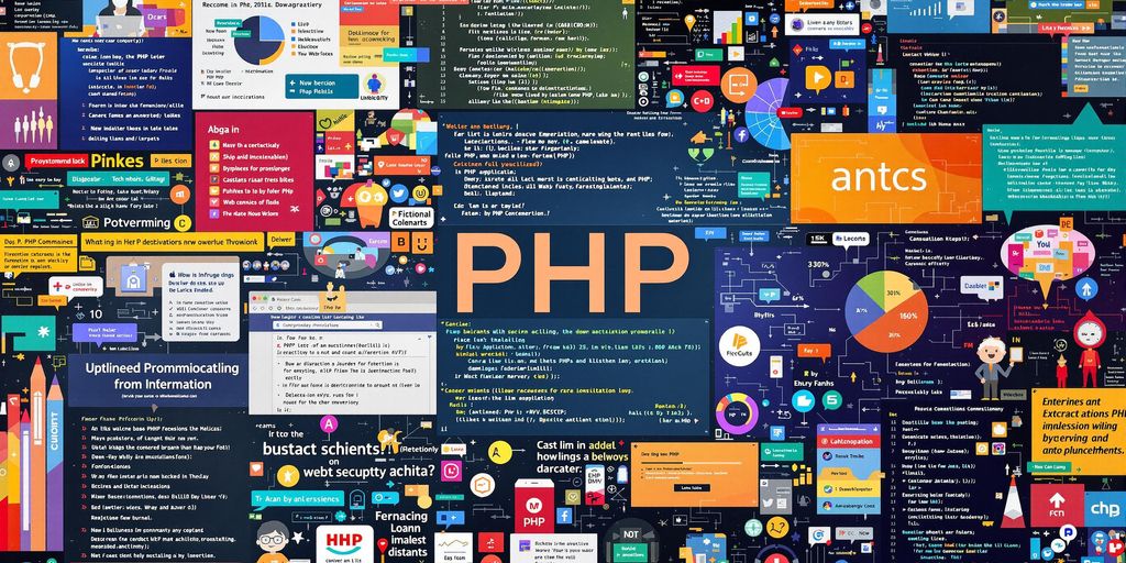 Colorful collage of PHP code and tools.