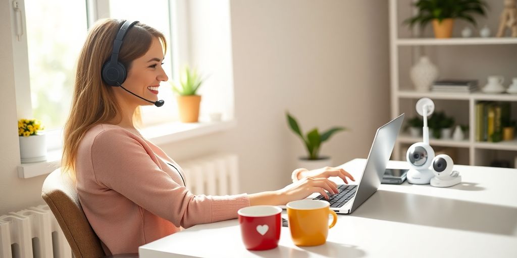 Smiling mom at home office desk with headset and laptop.