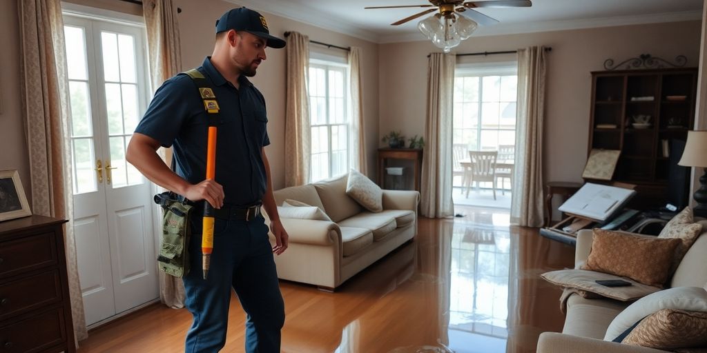 Flood restoration technician assessing water damage in a home.