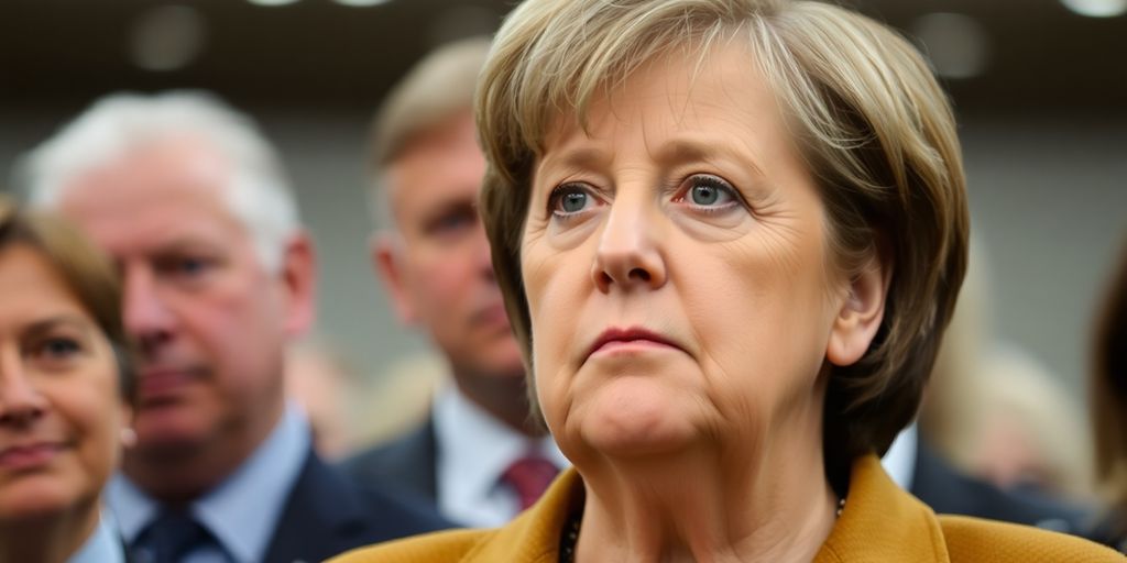 Angela Merkel addressing CDU members with a serious expression.