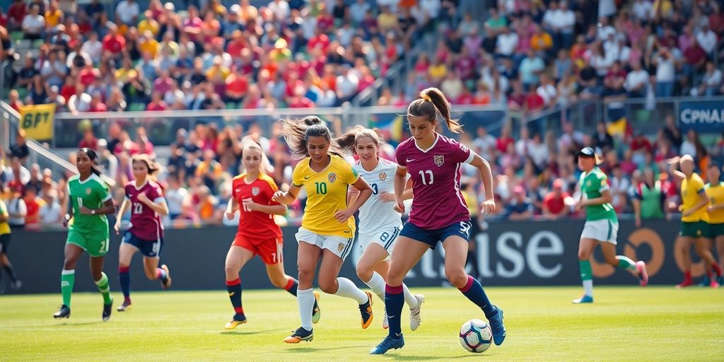 Women soccer players compete energetically on the field.