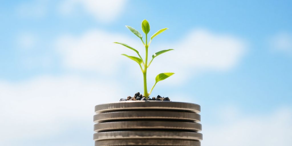 Seedling growing from coins, blue sky