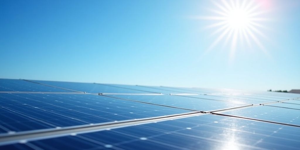 Solar panels under blue sky and bright sunlight.