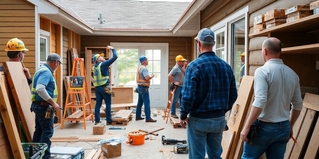 Home renovation in progress with workers busy coordinating tasks.
