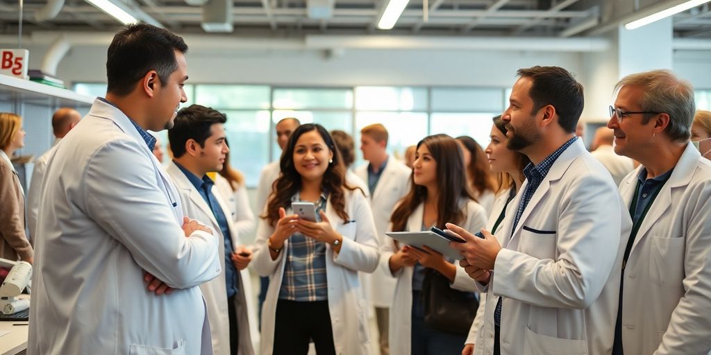 Diverse scientists collaborating during a conference presentation.