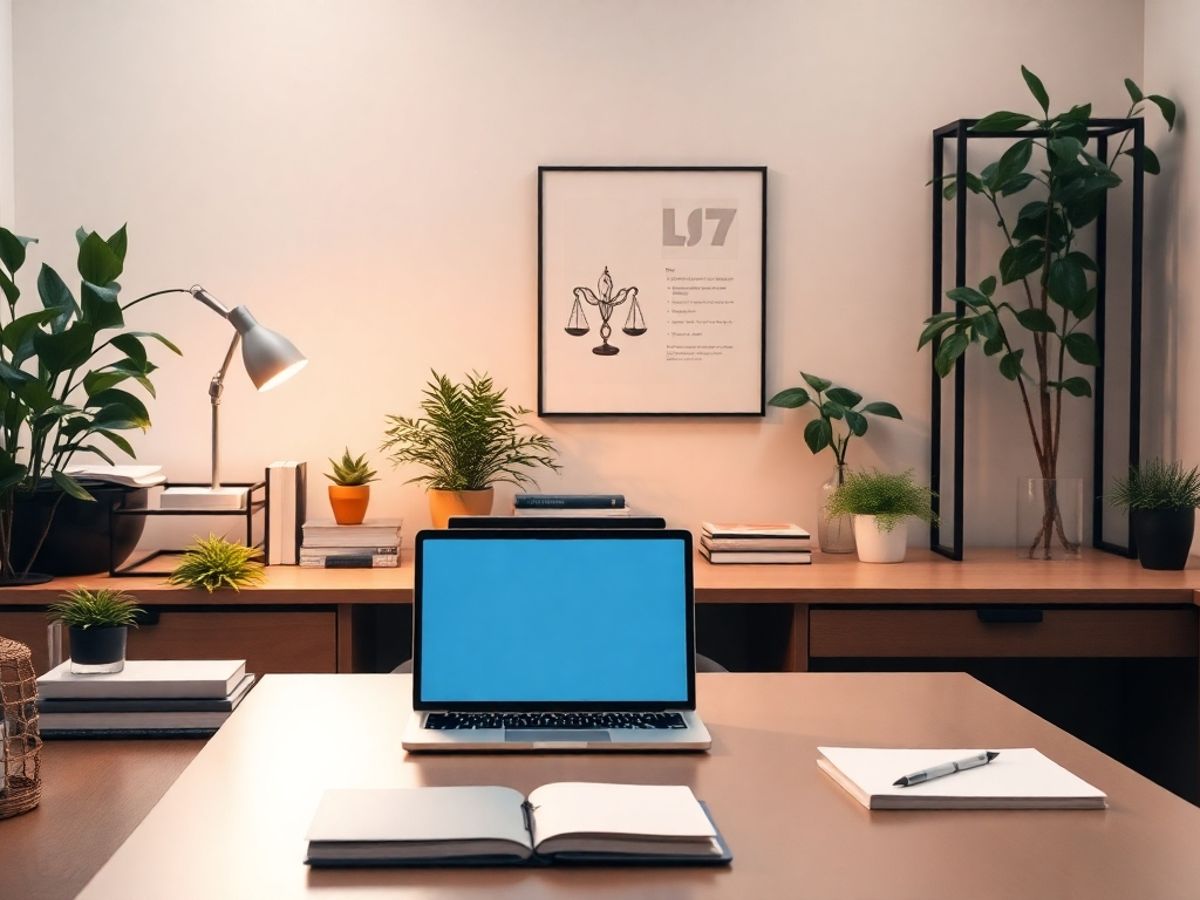 Birou liniștit cu laptop și plante de birou.