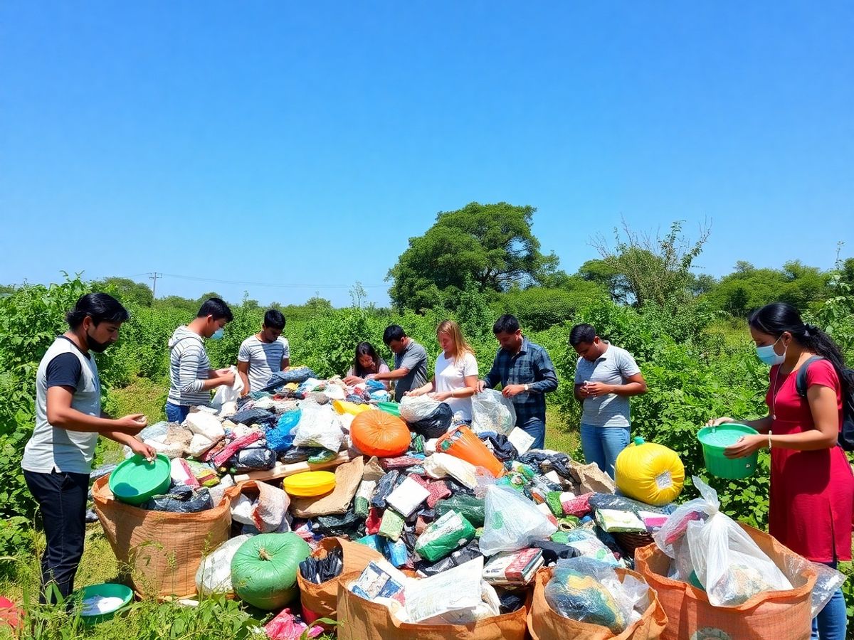 Oameni sortând deșeuri reciclabile în natură.
