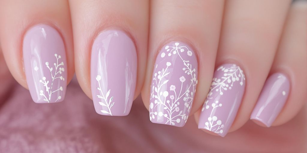 Unhas lavanda com decoração minimalista e delicada.