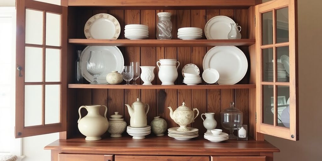 Antique farmhouse hutch filled with vintage kitchenware.