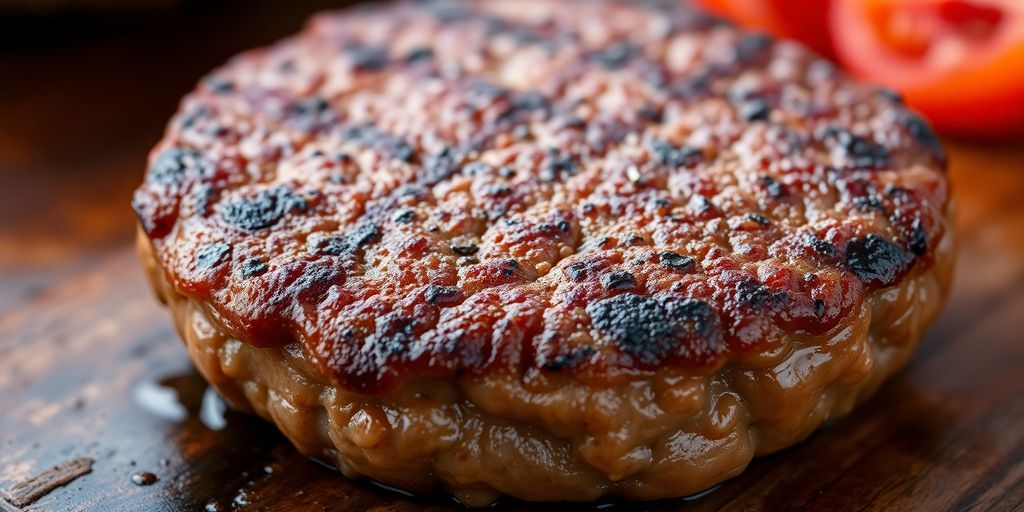 Juicy grass-fed beef patty on a grill.