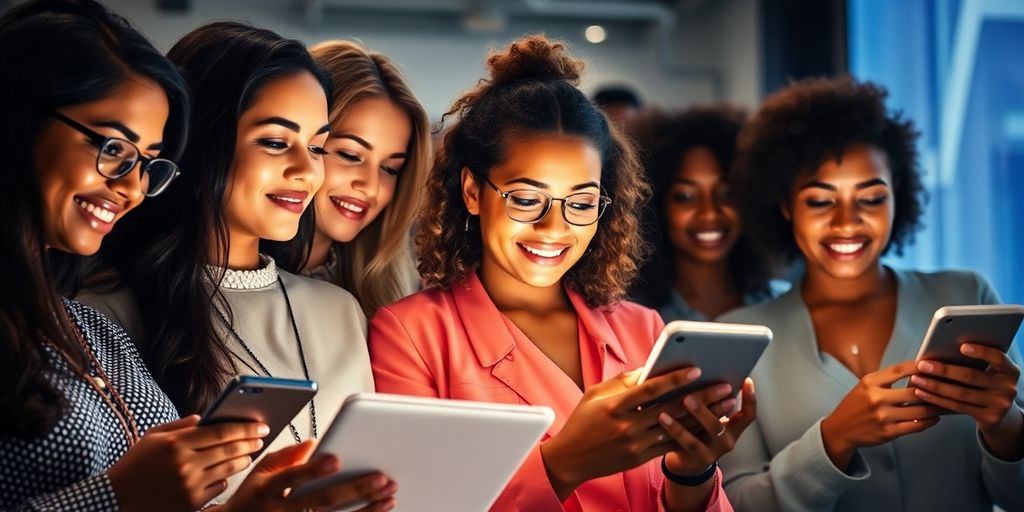 Women engaging with digital devices, showing connection and progress.