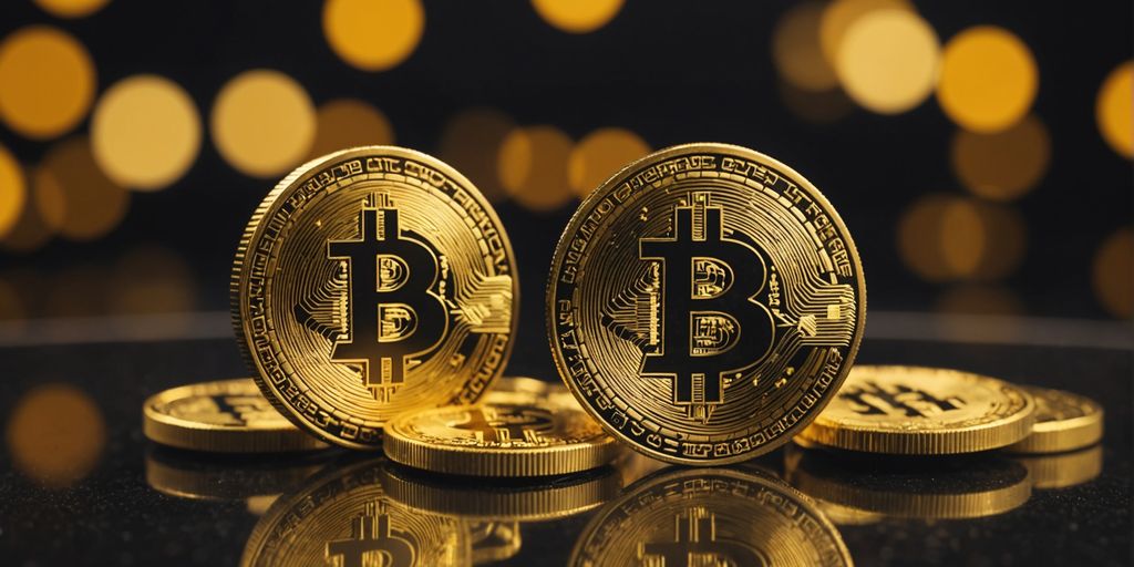 Crypto coins and referral icons with upward arrows