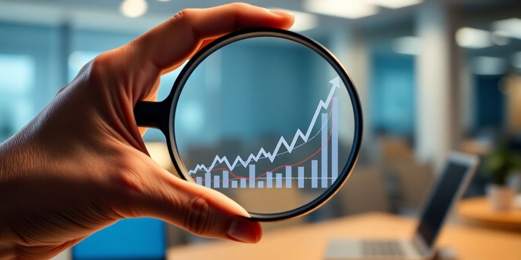 Hand holding a magnifying glass over a stock chart.