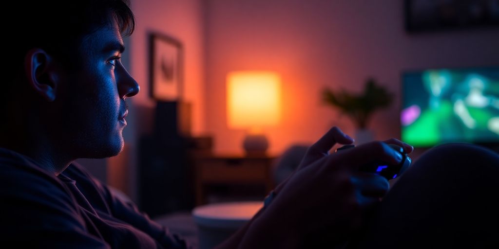 Person playing video game, controller in hand.