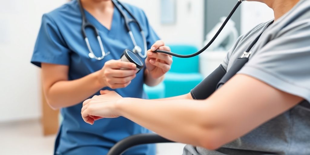 Medical assistant checking patient's blood pressure