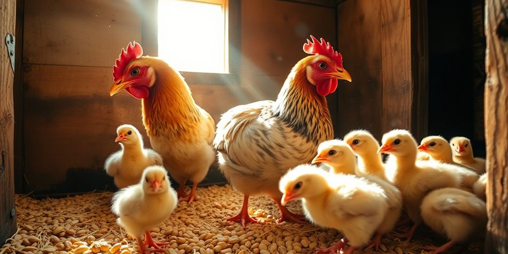 Fluffy chicken family in a sunlit coop.