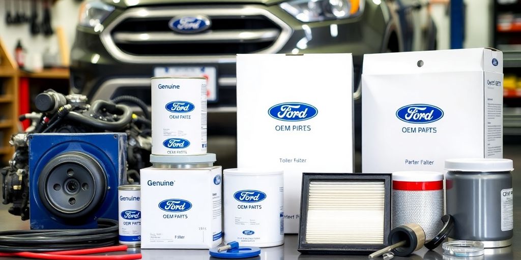 Close-up of Ford OEM parts in a workshop.