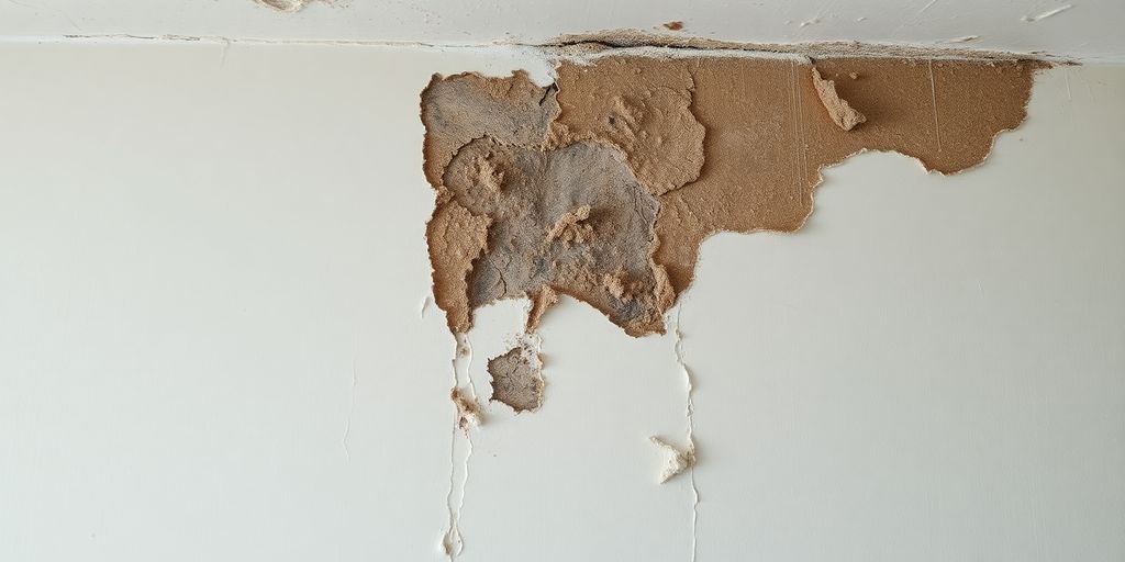 Water-damaged drywall with mold and peeling paint.
