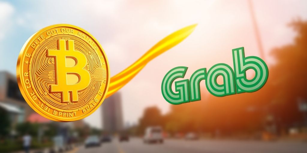 Bitcoin coin flying into Grab Philippines logo.