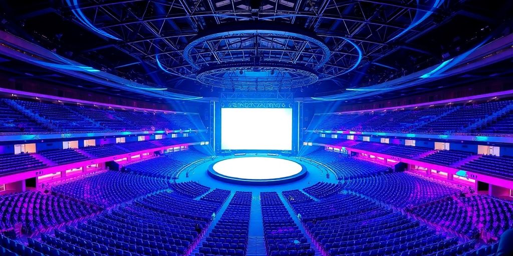 Futuristic arena interior with bright lights.