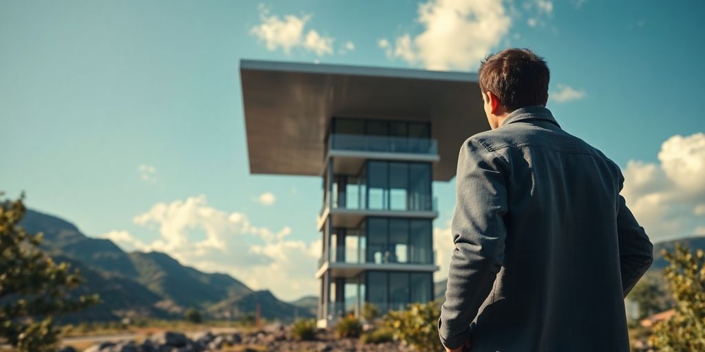 A person confidently looking at a strong building.