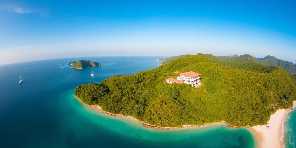 Phuket skyline, beach, and tropical plants.