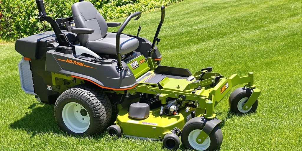 Zero-turn mower on green grass in bright sunlight.