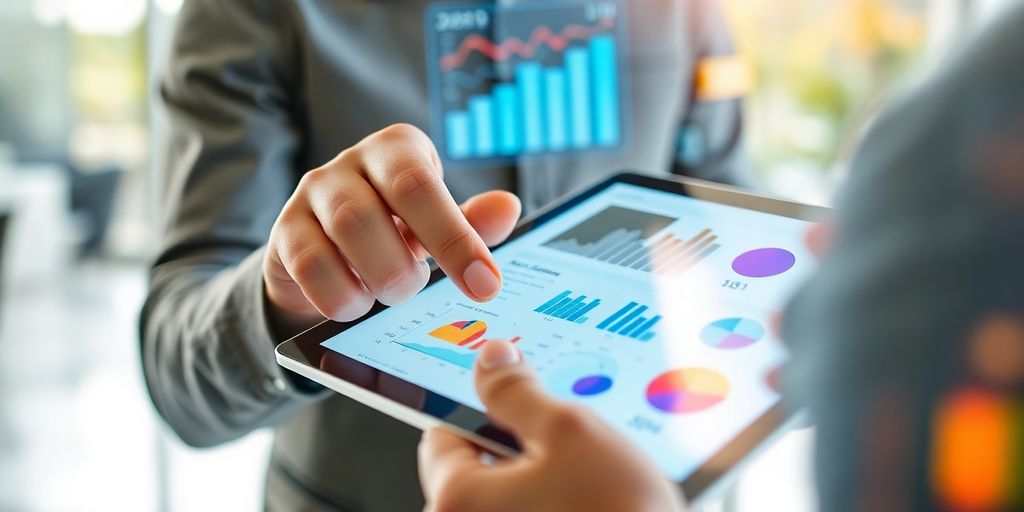 Person analyzing data on a digital tablet.