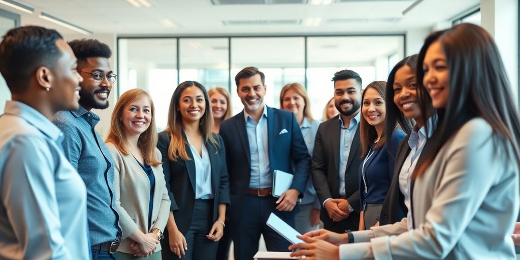 Menschen in einem professionellen Umfeld mit dezenten blauen Farbakzenten.