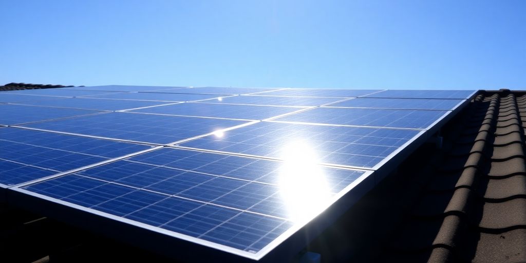 Rooftop solar panels under bright sunlight.