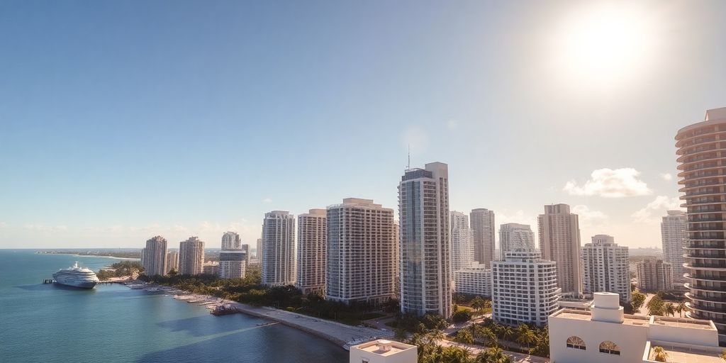 Aventura skyline with sunny blue skies.