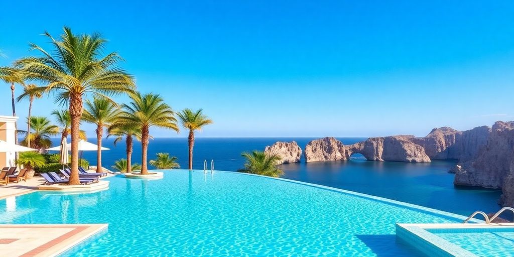 Luxurious adults-only hotel infinity pool overlooking Cabo coastline.