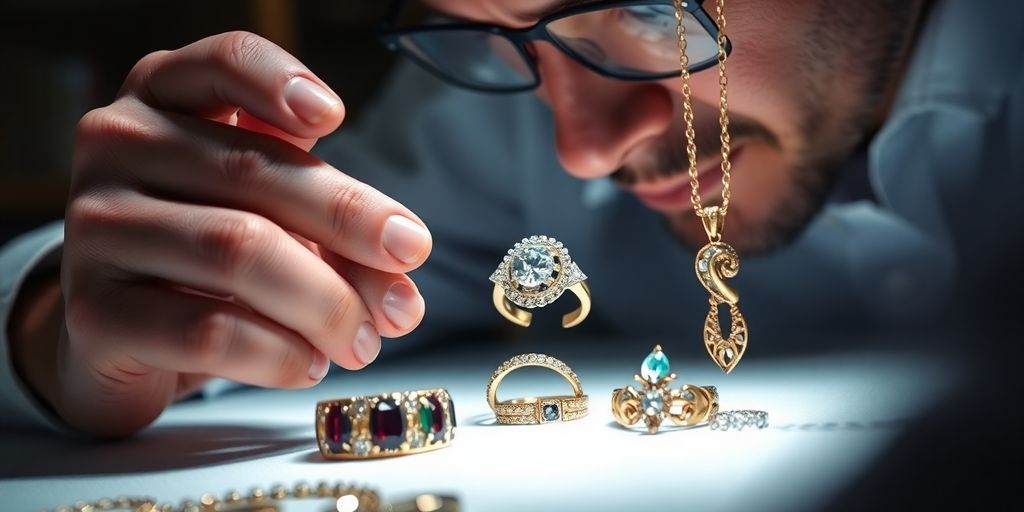 Bijoux précieux examinés par un bijoutier.