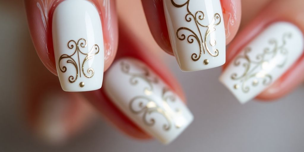 Unhas brancas decoradas com padrões elegantes.