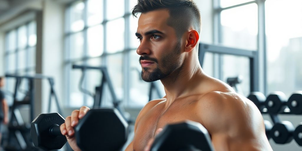 Man lifting dumbbells in a gym.