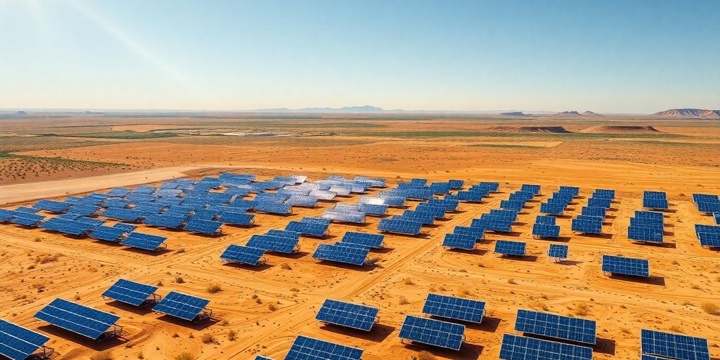 Vaste champ solaire désertique sous un ciel bleu éclatant.