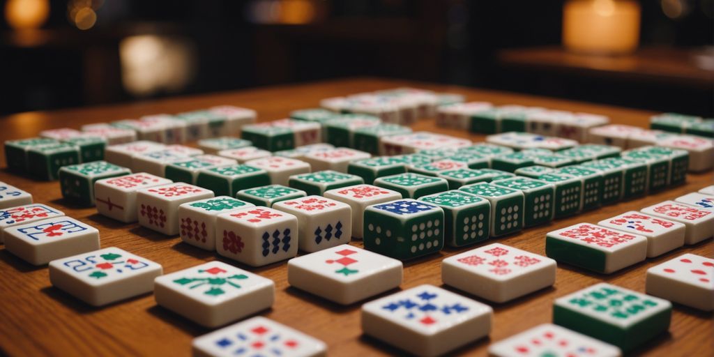 Various Mahjong tiles displayed on a wooden surface.
