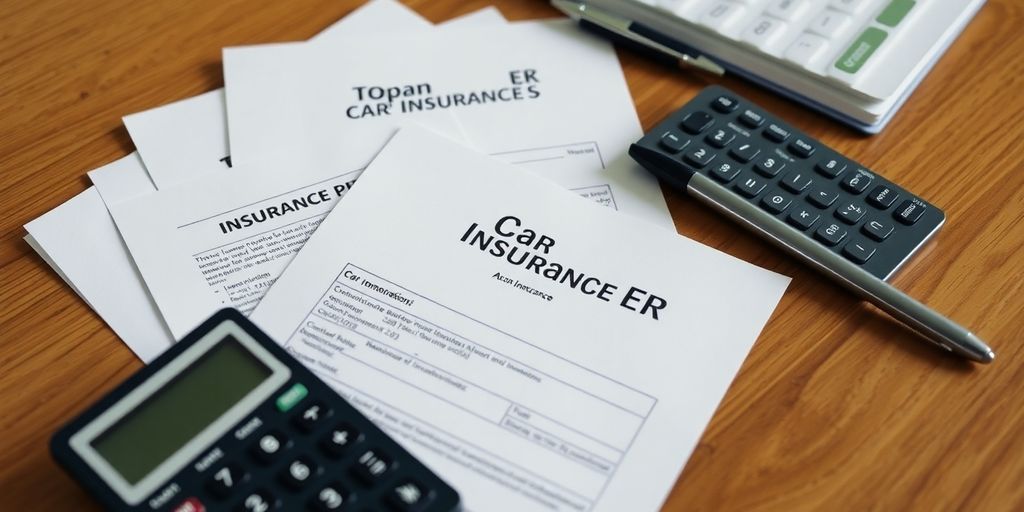 Car insurance documents with calculator and pen on table.