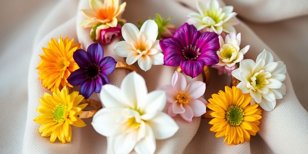 Close-up, diverse flowery rings on soft fabric.