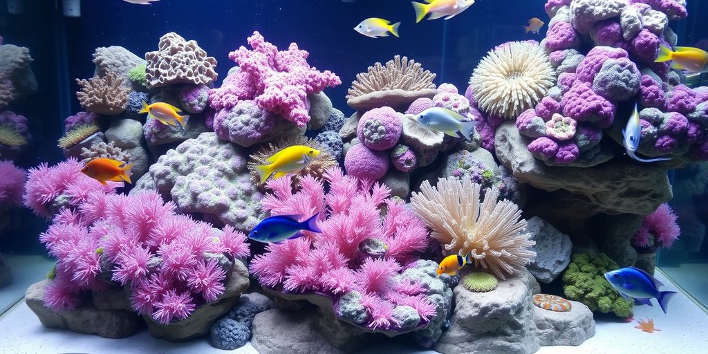 Coral y peces coloridos en un acuario de agua salada.
