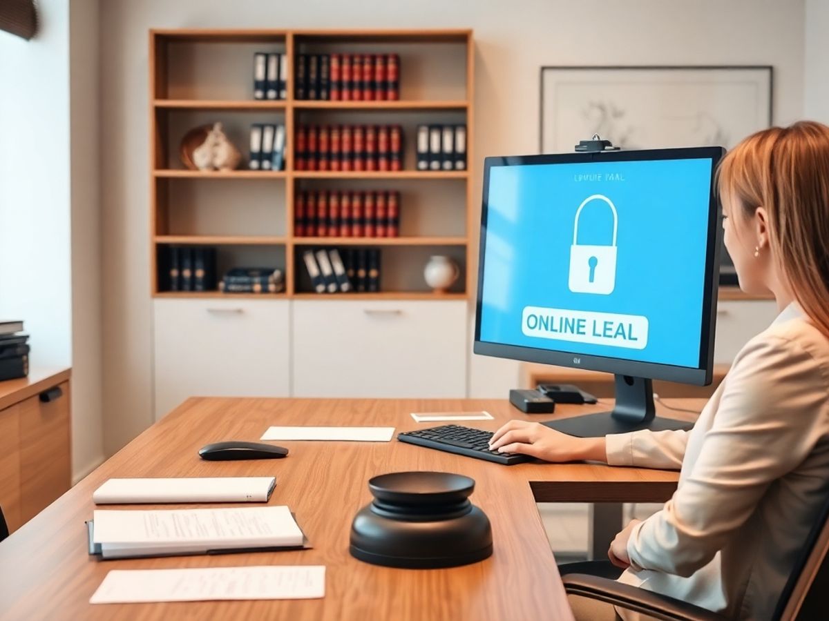 Birou de avocat modern cu computere pentru servicii online.