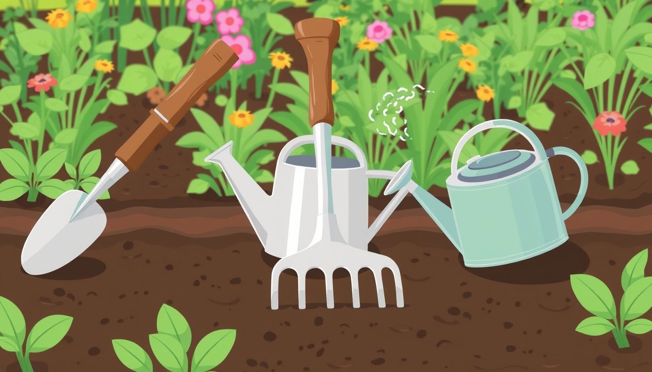 Illustration of garden tools with lush garden background.