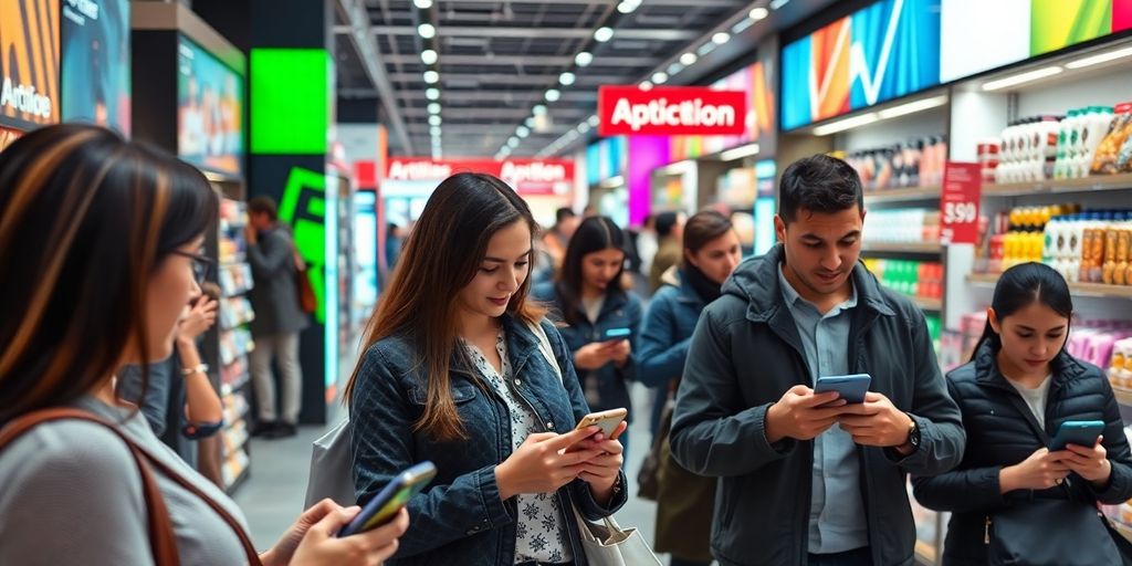 Shoppers engaging with digital devices in a retail space.