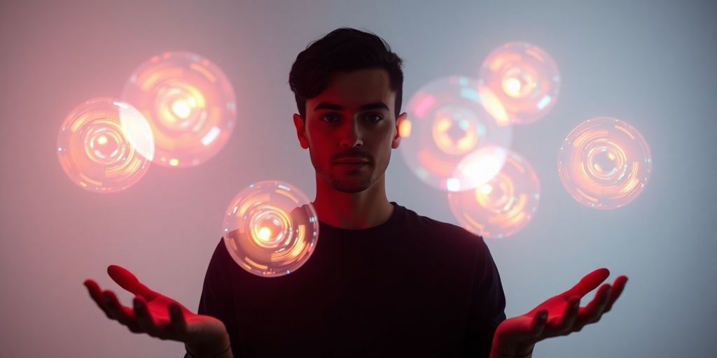 Person juggling glowing digital spheres with focused gaze.