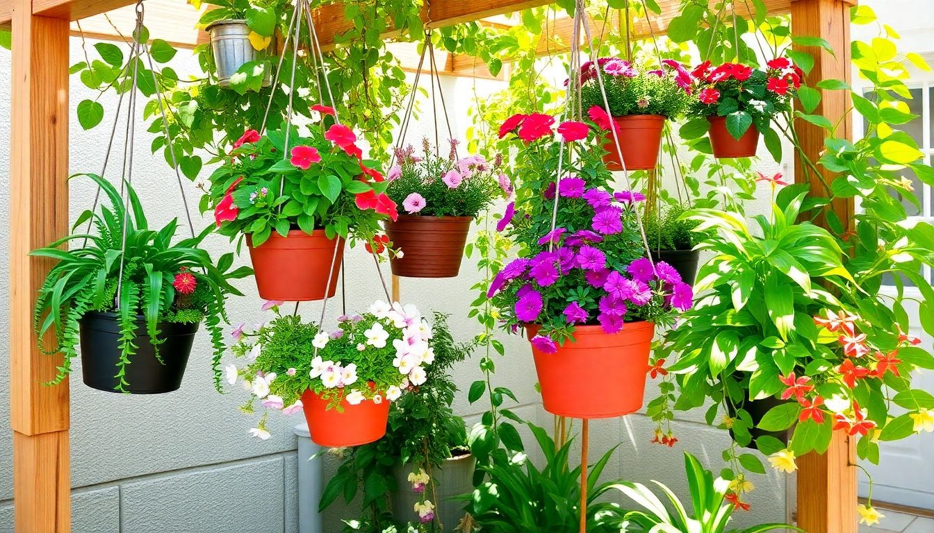 Colourful hanging planters in a small London garden.
