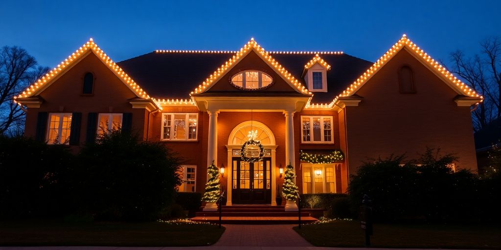 Professionally installed Christmas lights on a Ladue home.