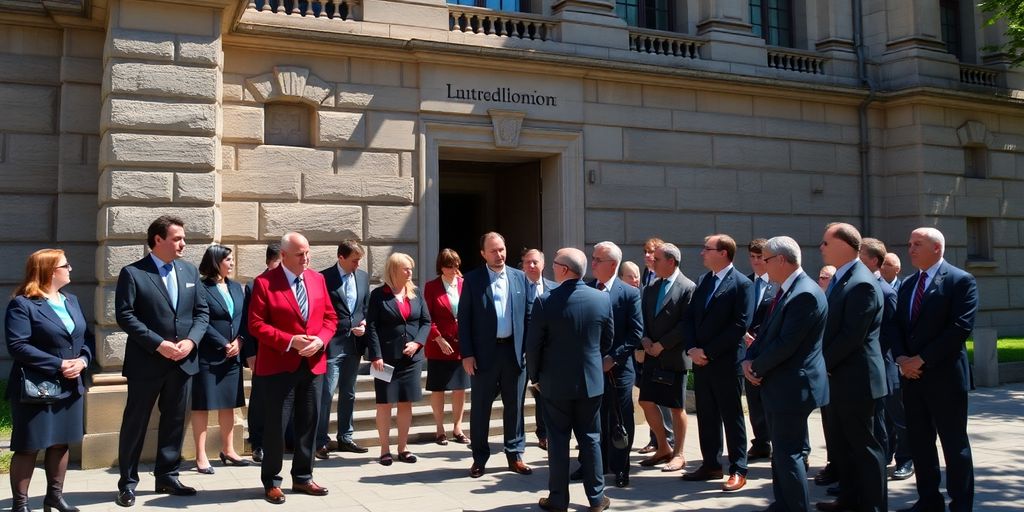 Des fonctionnaires en discussion devant un bâtiment gouvernemental.