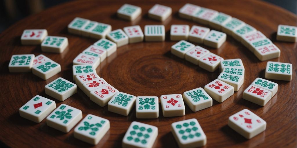 Mahjong tiles in a circle on a wooden table.