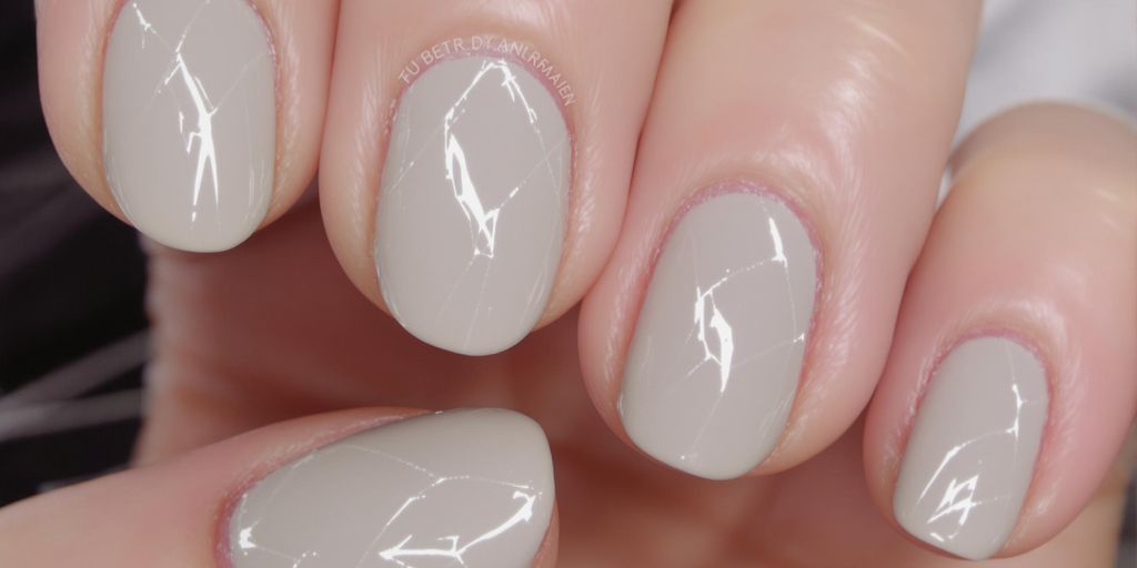 Unhas cinza claro com arte geométrica elegante.